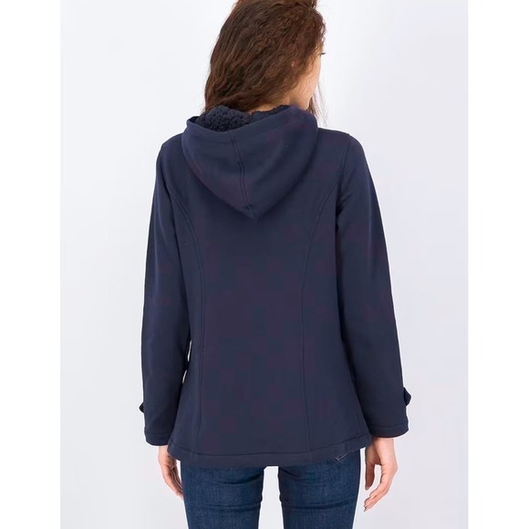 Market & Spruce Navy Toggle Fleece Jacket Faux Fur Lined Hood Small - Picture 2 of 5
